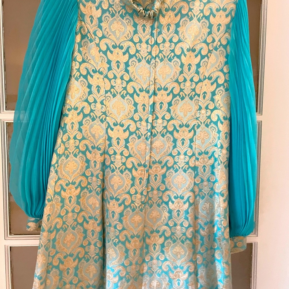Turquoise and gold unique vintage dress to above knee with matching headband